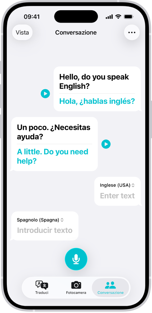 Il pannello Conversazione, con nuvolette di testo e traduzioni.