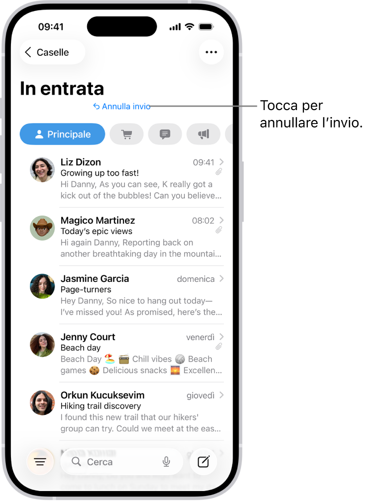 La casella di posta in entrata con un elenco di messaggi. Il pulsante “Annulla invio” (per annullare l’invio di un messaggio email inviato di recente) si trova al centro della parte inferiore dello schermo.