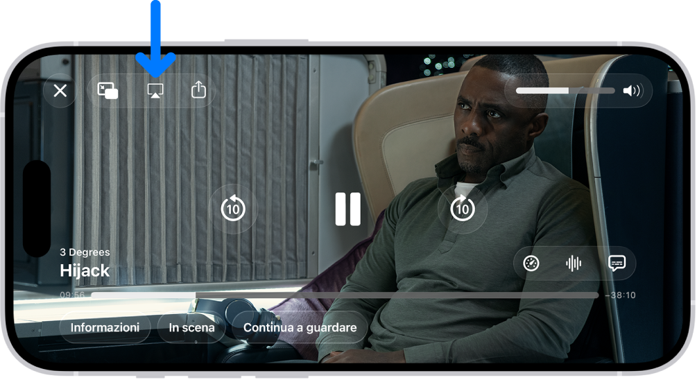 Un film in riproduzione sullo schermo di iPhone. Al centro dello schermo sono presenti i controlli di riproduzione. In alto a sinistra è presente il pulsante AirPlay.