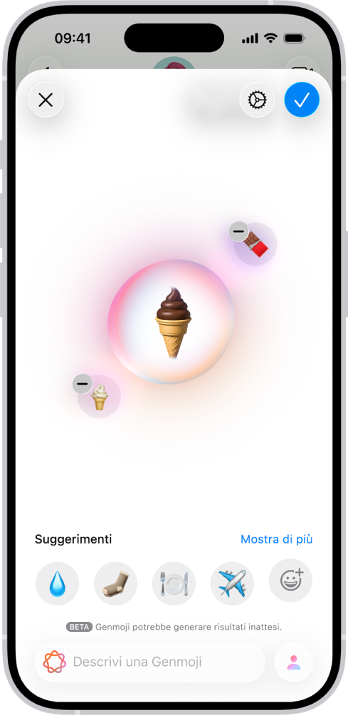 La finestra Genmoji che mostra la Genmoji creata di un cono gelato.