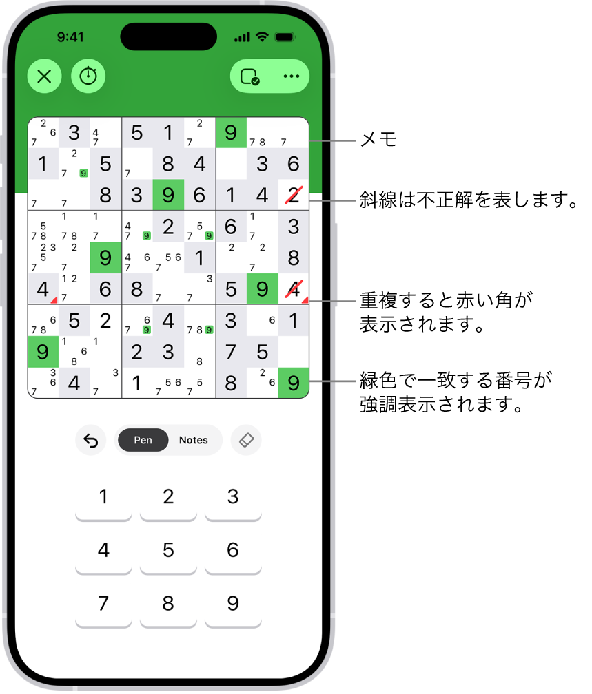 いくつかの機能がオンになっている数独パズル: 「メモ」、「一致する数字を強調表示」、「矛盾するものを表示」、および「自動チェック」