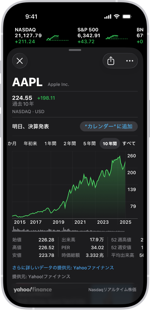 画面の中央にあるチャートには、10年間にわたる銘柄のパフォーマンスが表示されます。チャートの上には、翌日に決算発表が予定されていることを示す通知と、予定を「カレンダー」に追加するボタンがあります。