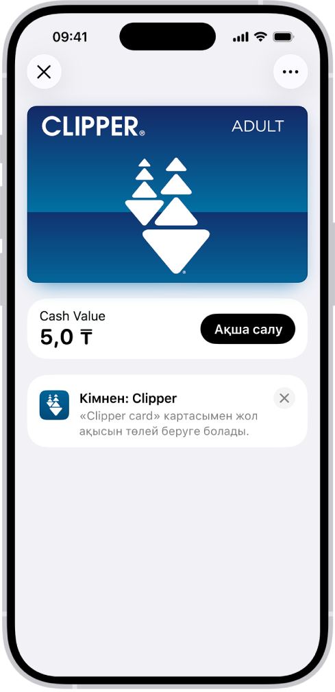Шоттағы теңгерімді және «Ақша қосу» түймесін көрсетіп тұрған Wallet қолданбасындағы көлік картасы.