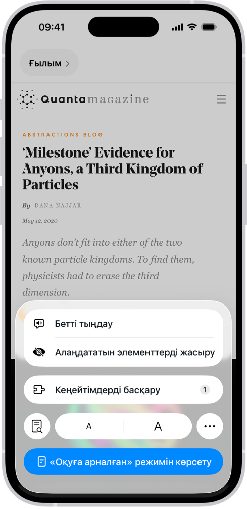 Safari қолданбасында веб-беттегі «Бет мәзірлері» түймесі түртіліп, опциялар тізімін, соның ішінде экранның төменгі жағына жақын «Кеңейтімдерді басқару» түймесін көрсетіп тұр.