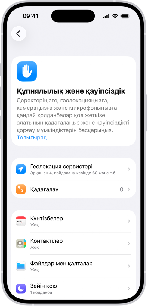 «Реттеулер» мәзіріндегі «Құпиялылық және қауіпсіздік» экраны.