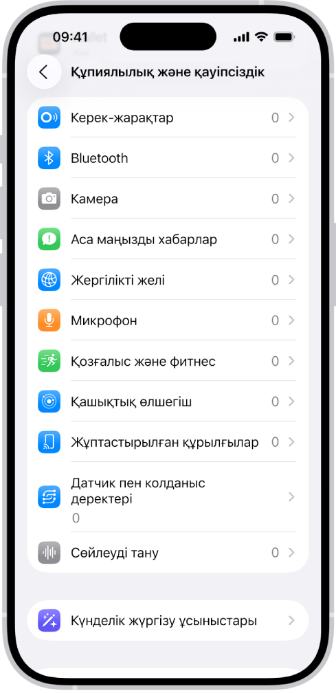 Қолданбалардың iPhone құрылғыңыздың камерасын, микрофонын және басқа бөліктерін пайдалана алатын-алмайтынын басқару реттеулері бар«Құпиялылық және қауіпсіздік» экраны.