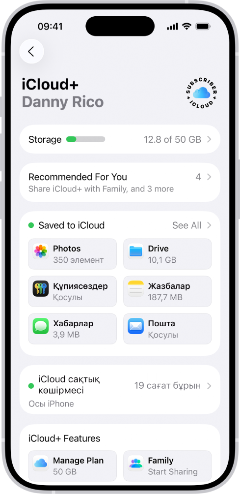 iCloud сақтау орнының өлшегішін және қолданбалар мен мүмкіндіктер тізімін көрсетіп тұрған iCloud параметрлері экраны.