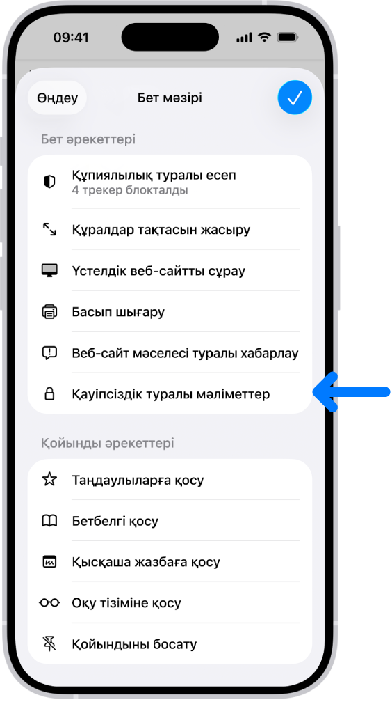 «Бет мәзірі» мәзірі Safari қолданбасында ашық және «Қосылым қауіпсіздігі туралы мәліметтер» басқару элементі беттің төменінде ортада тұр.