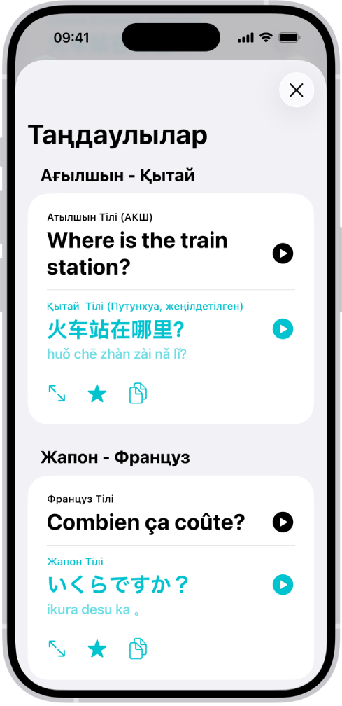 Ағылшын тілінен кәріс тіліне және француз тілінен жапон тіліне аударылған сақталған тіркестерді көрсетіп тұрған «Таңдаулылар» қойындысы.