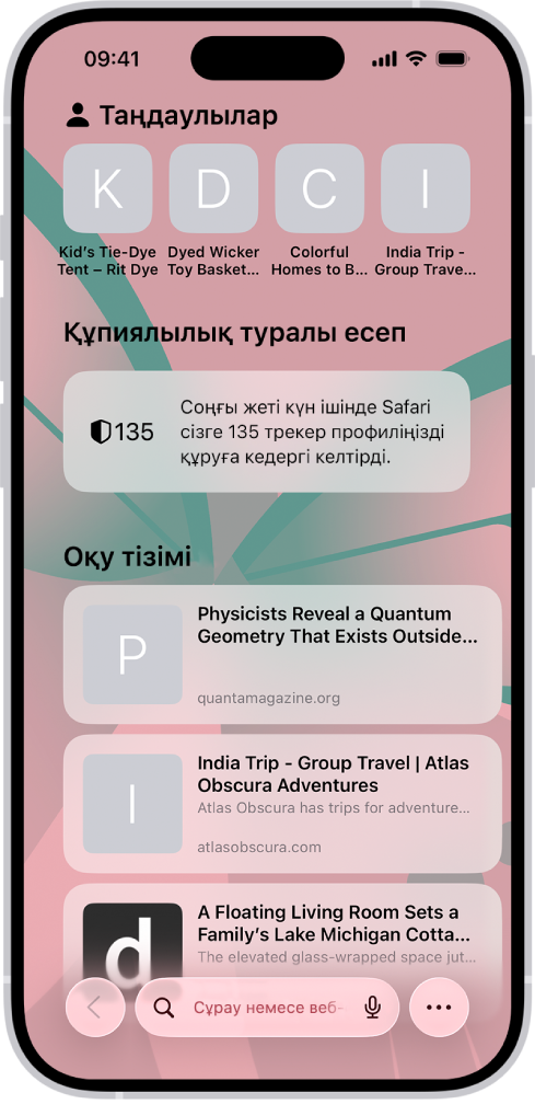 Safari браузеріндегі басты бет, ол таңдаулы веб-сайттарды, «Құпиялылық туралы есеп» және Оқу тізіміне сақталған веб-сайттар.