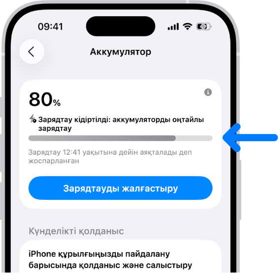 iPhone аккумулятор реттеулеріндегі зарядтау ақпараты картасы. Карта 80% аккумуляторды «Зарядтау кідіртілді: аккумуляторды оңтайлы зарядтау» хабарымен көрсетеді. Ол 12:41 ТК аяқталады деп жоспарланған, «Зарядтауды жалғастыру» опциясы бар.