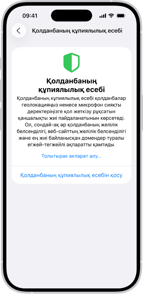 «Деректер мен датчикке қол жеткізу» санаты үшін қолданба туралы ақпаратты және «Қолданбаның желілік белсенділігі» санаты үшін қолданба туралы ақпаратты беретін Қолданбаның құпиялылық есебі.