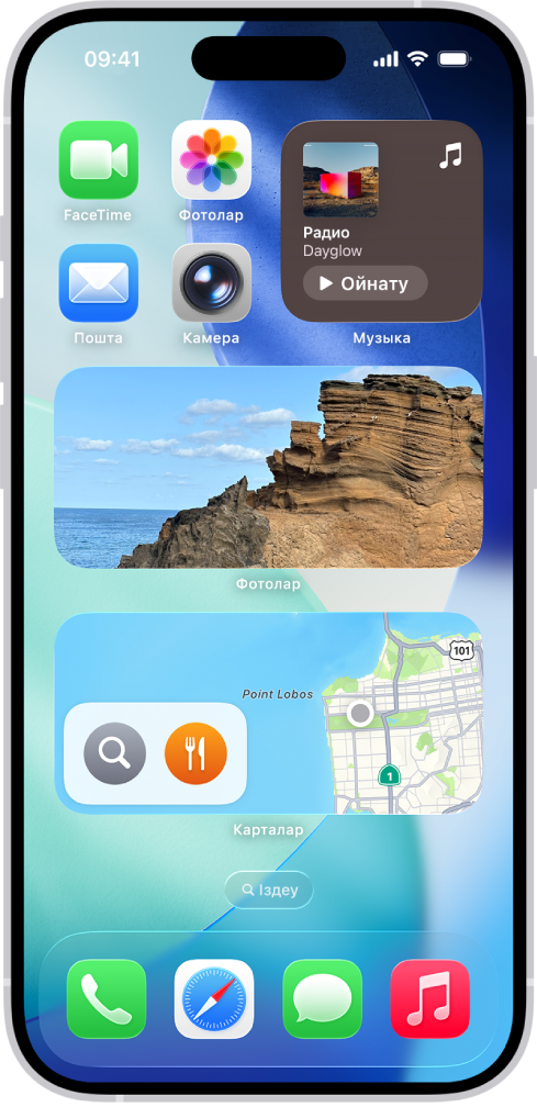 iPhone басты экранындағы «Фотолар», «Карталар» және «Музыка» виджеттері. Интерактивті мүмкіндіктерді көрсететін «Музыка» виджеті.