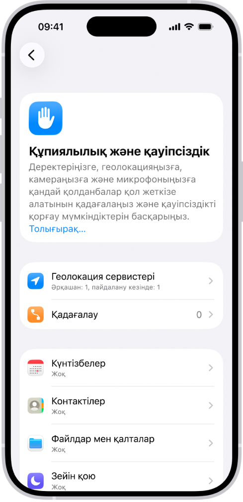 «Геолокация сервистері» және «Қадағалау» параметрлері және деректеріңізге қол жеткізе алатын қолданбаларды басқару параметрлері бар «Құпиялылық және қауіпсіздік» экраны.