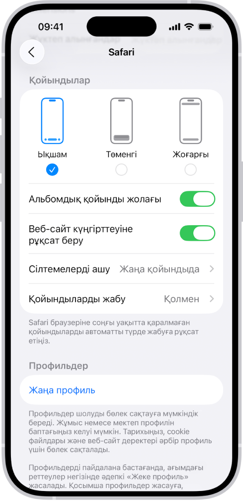 Үш Safari орналасу опциясын көрсетіп тұрған экран: «Ықшам», «Төменгі» және «Жоғарғы».