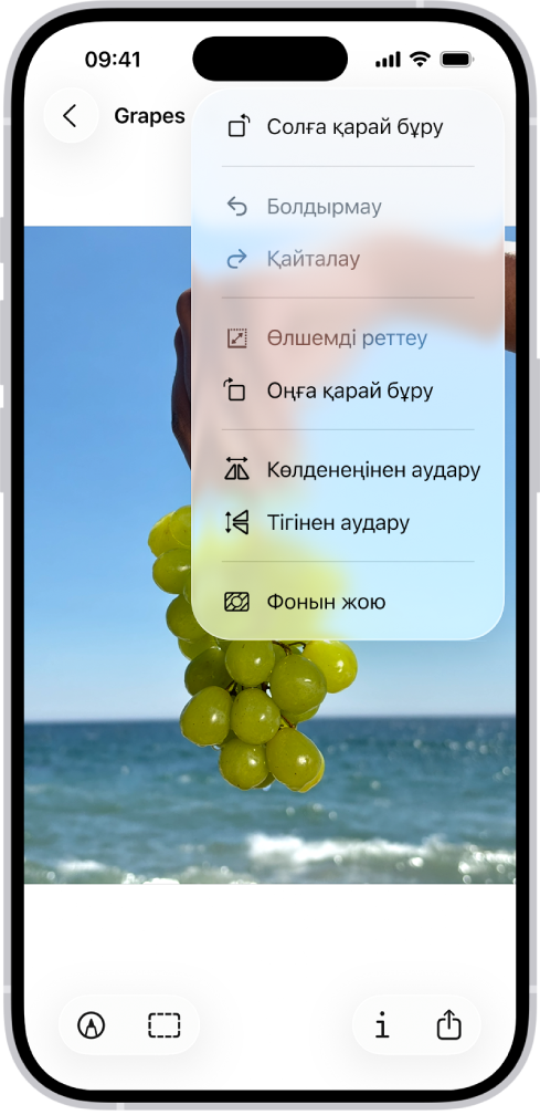 Фонында жүзім бейнеленген сурет көрсетіліп тұрған экран. Мәзірде «Фонын жою» тармағы көрсетіліп тұр. Экранның төменгі жағында «Белгілеу», «Кесу», «Ақпарат» және «Бөлісу» түймелері.