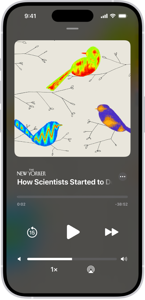 Apple News+의 오디오 기사. 아래에는 오디오 플레이어 제어기와 음량 슬라이더가 있음.
