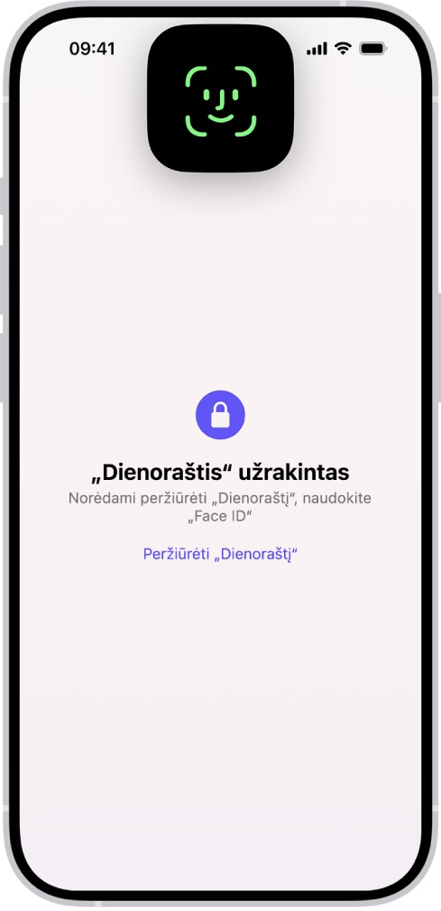 Ekranas, kuriame raginama naudoti „Face ID“ norint atrakinti dienoraštį.