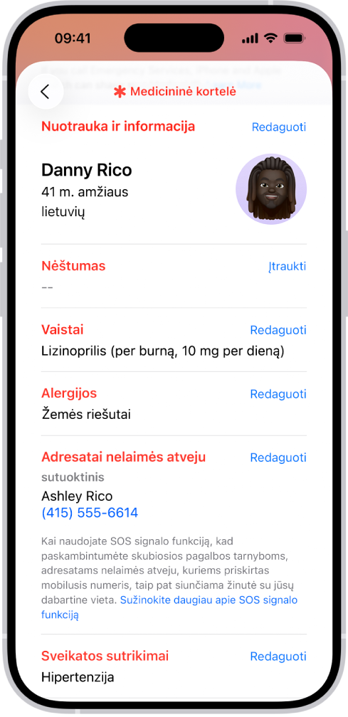Ekranas „Medicininė kortelė“, kuriame yra informacija apie gimimo datą, vaistus, alergijas, kontaktinius asmenis nelaimės atveju ir sveikatos sutrikimus.