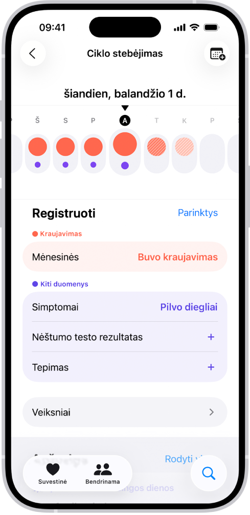 Ekranas „Ciklo sekimas“, kurio viršuje rodoma savaitės laiko juosta. Raudonais apskritimais ir violetiniais taškais laiko juostoje pažymėtos pirmosios 5 dienos. Po laiko juosta yra parinktys, skirtos įtraukti informacijos apie mėnesines, simptomus ir kt.
