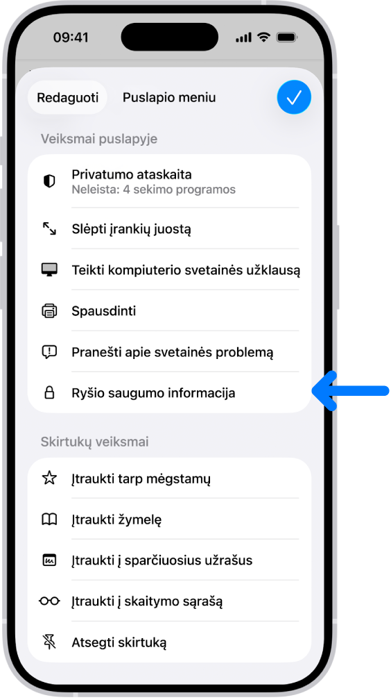Meniu „Puslapio meniu“ atidarytas naršyklėje „Safari“, o „Ryšio saugos informacijos“ valdiklis yra puslapio viduryje.