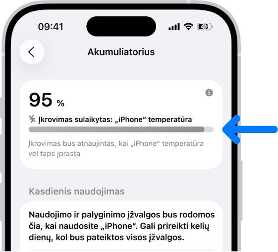 Įkrovimo informacijos kortelė „iPhone“ akumuliatoriaus nustatymuose. Kortelėje rodoma, kad akumuliatoriaus įkrovos lygis yra 95 %, ir pateikiama žinutė: „Įkrovimas sulaikytas: „iPhone“ temperatūra“. Toliau pateiktoje pastaboje nurodyta, kad įkrovimas bus tęsiamas, kai „iPhone“ temperatūra vėl taps normali.