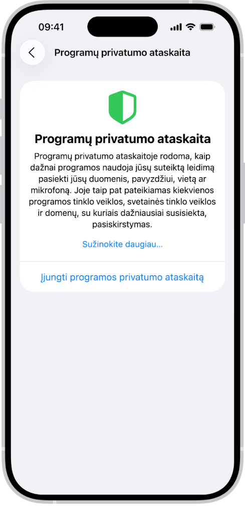 „Programų privatumo ataskaita“ pateikiama informacija apie penkias programas iš kategorijos „Prieiga prie duomenų ir jutiklių“ ir programos iš kategorijos „Programų tinklo veikla“.