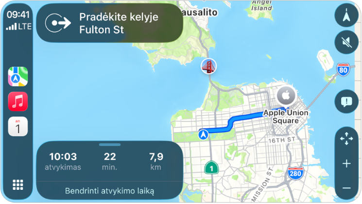 „CarPlay“ šoninėje juostoje rodoma „Žemėlapiai“, „Muzika“ ir „Kalendorius“. Dešinėje pusėje yra navigacinis maršrutas iš „Apple Park“ į „Apple Union Station“.