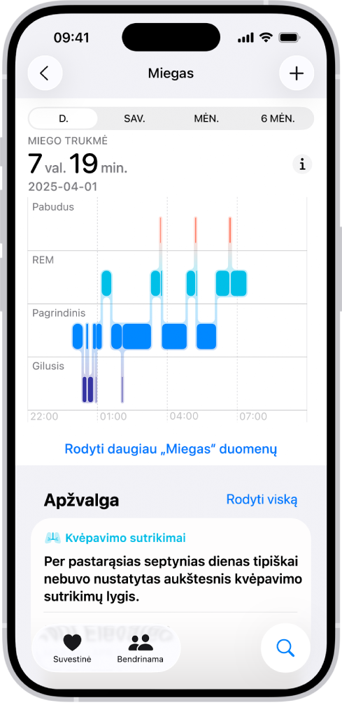 Programos „Health“ ekrane „Sleep“ rodomas numatomas laikas, praleistas budros, lėtojo ir greitojo miego fazėse.