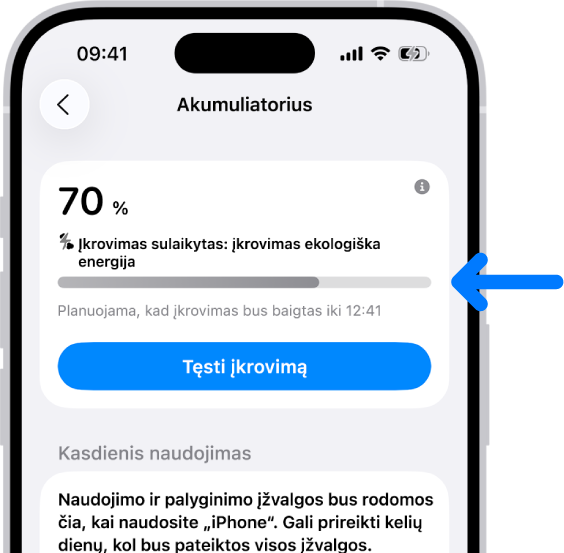 Įkrovimo informacijos kortelė „iPhone“ akumuliatoriaus nustatymuose. Kortelėje rodoma, kad akumuliatoriaus įkrovos lygis yra 70 %, ir pateikiama žinutė: „Įkrovimas sulaikytas: įkrovimas naudojant ekologišką energiją“. Planuojama, kad jis bus baigtas 12:41 val., su galimybe „Tęsti įkrovimą“.