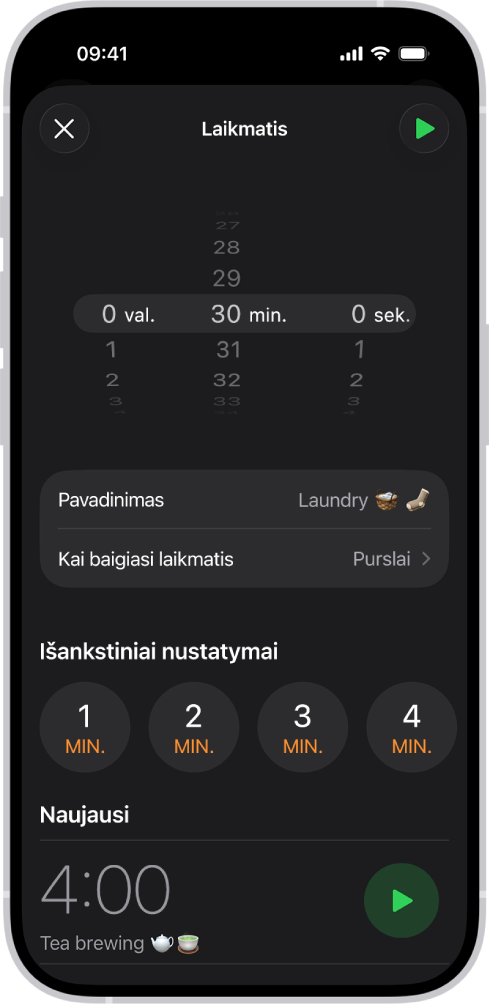 Laikmačio įtraukimo ekranas su laikmačio nustatymais ir mygtuku neseniai sukurtam laikmačiui paleisti.