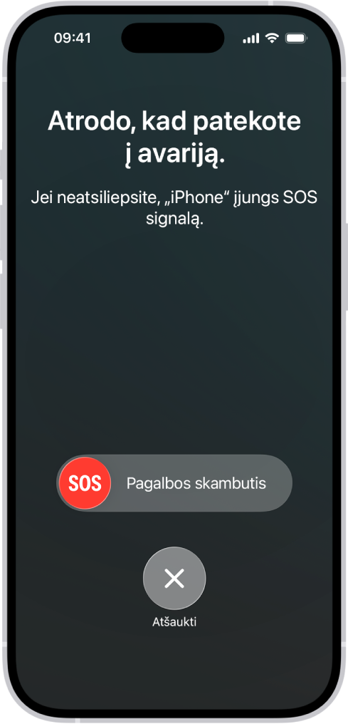 Funkcijos „Avarijos aptikimas“ ekranas, kuriame rodomas pranešimas, kad patekote avariją, o apačioje matomas funkcijos „SOS signalas“ slankiklis bei mygtukas „Atšaukti“.