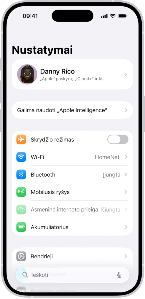 Ekranas „Nustatymai“, kurio viršuje yra paieškos laukas, o apačioje – keletas nustatymų, pvz., „Wi-Fi“, „Pranešimai“, „Garsai ir haptika“.