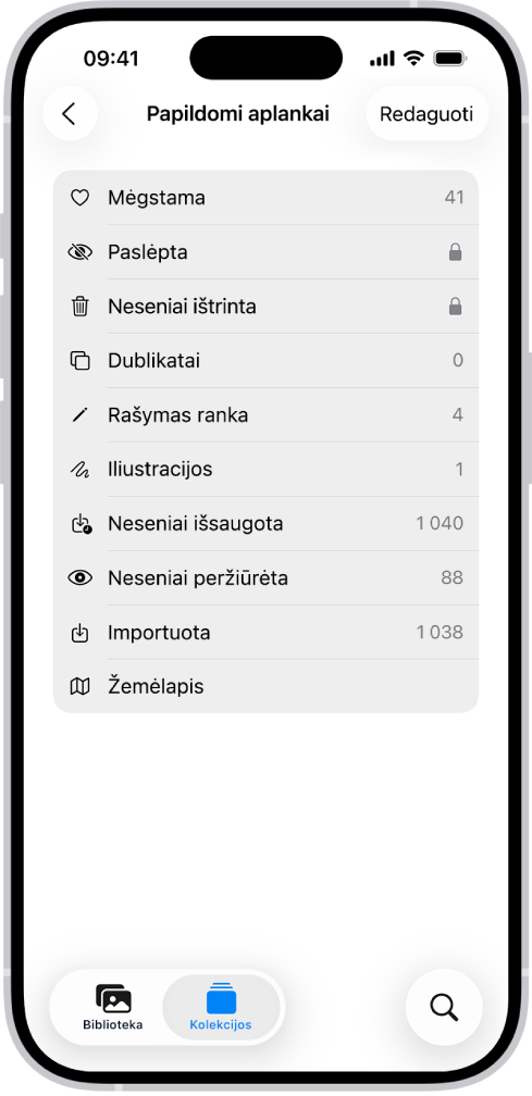 Programoje „Nuotraukos“ atidaryta skiltis „Papildomi aplankai“, kurioje pateikiamas nuotraukų kolekcijų sąrašas.