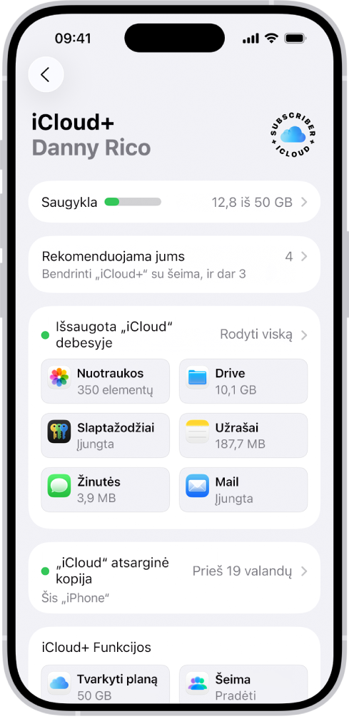 „iCloud“ nustatymų ekranas, kuriame rodomas „iCloud“ saugyklos skaitiklis ir programų bei funkcijų sąrašas.