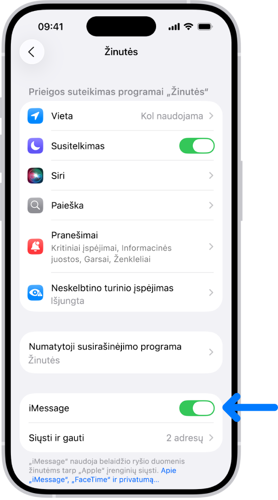 Programos „Žinutės“ nustatymų sritis, „iMessage“ yra įjungtas.
