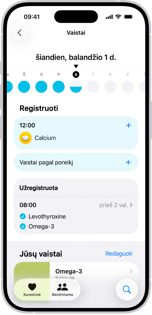 Programos „Sveikata“ ekranas „Vaistai“, kuriame matosi data ir vaistų žurnalas.