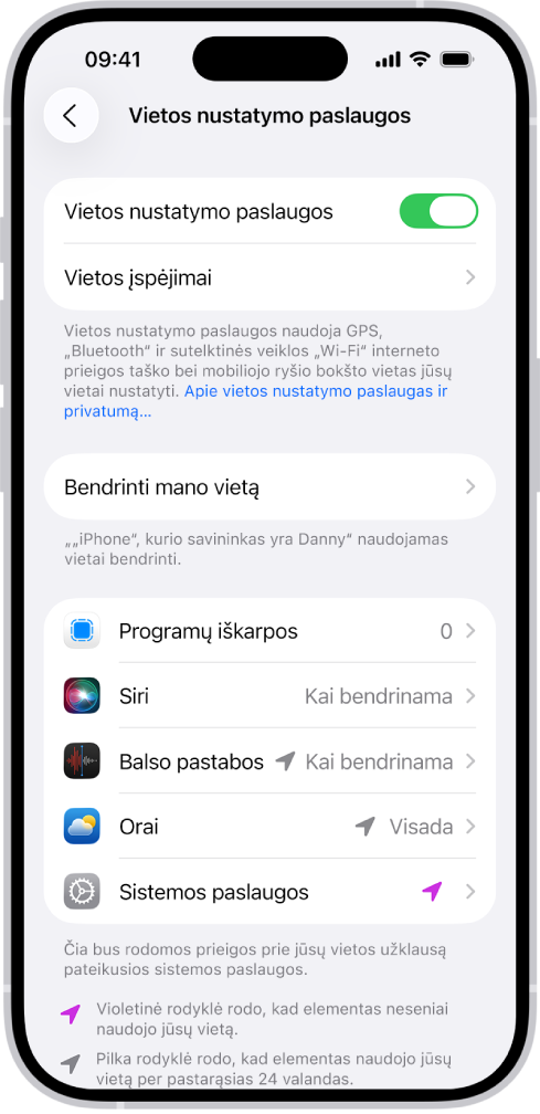 Ekranas „Vietos nustatymo paslaugos“, pateikiami nustatymai, skirti bendrinti „iPhone“ buvimo vietą su programomis.