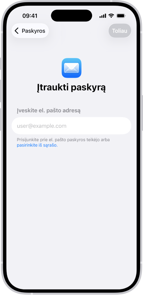 Ekrane „Įtraukite paskyrą“ rodomas laukas, kuriame reikia įvesti el. pašto adresą.
