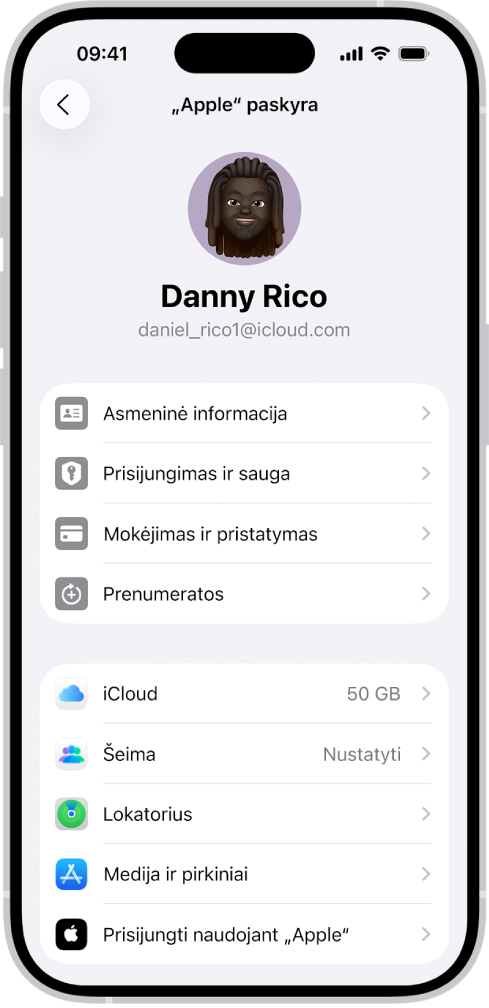 „Apple“ pradžios mygtukos nustatymai rodomi su parinkčių sąrašu, įskaitant asmeninę informaciją, prenumeratas, „Lokatorių“ ir dar daugiau.