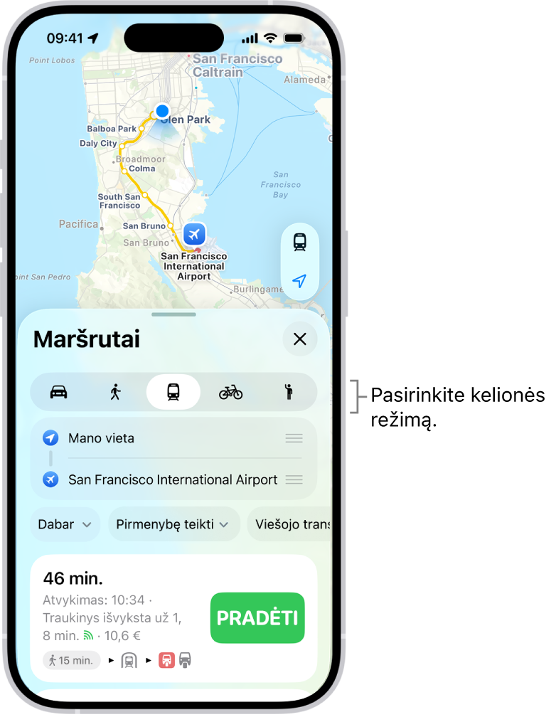 Žemėlapis, kuriame rodomi keli maršruto variantai tarp dviejų vietų, su mygtukais pasirinkti kitus kelionės režimus, perjungti pradinį ir galutinį taškus ir peržiūrėti maršruto nurodymus kaip žingsnius.
