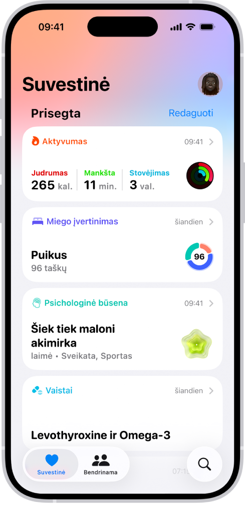 Suvestinės ekranas programoje „Sveikata“. Informacija apie veiklą, miego įvertinimą, psichinę būseną ir meditacijas pateikiama skiltyje „Prisegta“.
