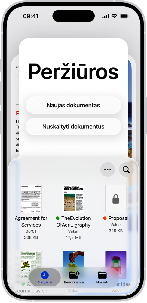 Dokumentų naršyklė programoje „Peržiūra“. Ekrano viduryje yra mygtukai „Naujas dokumentas“, „Nuskaityti dokumentus“, „Daugiau“ ir „Paieška“. Ekrano apačioje yra mygtukai „Naujausi“, „Bendrinama“ ir „Naršyti“.