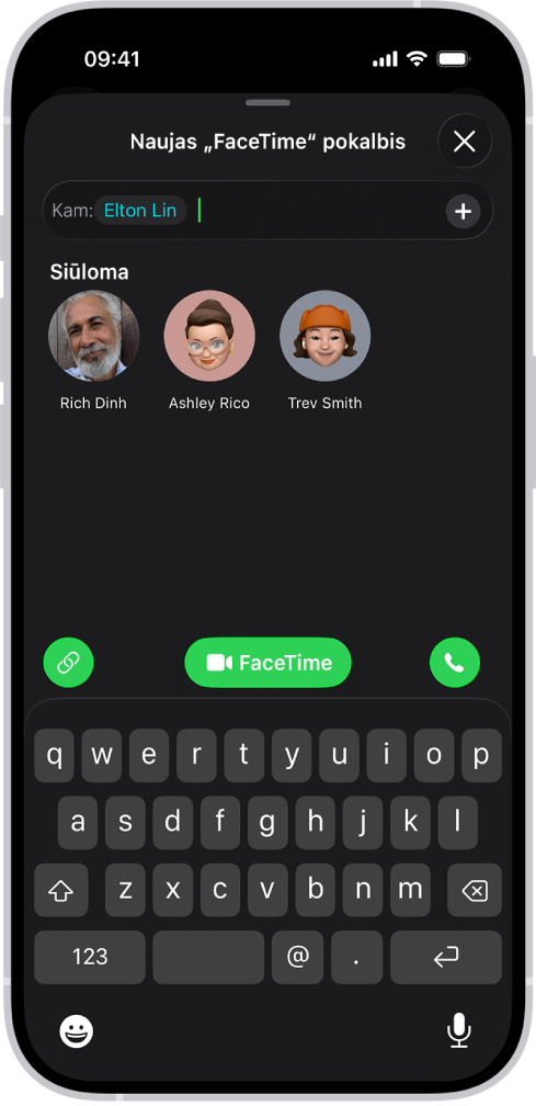 „FaceTime“ skambučio inicijavimo ekranas, kuriame rodomi mygtukai „Kurti nuorodą“ ir „Naujas skambutis“, skirti „FaceTime“ vaizdo ar garso skambučiui pradėti.