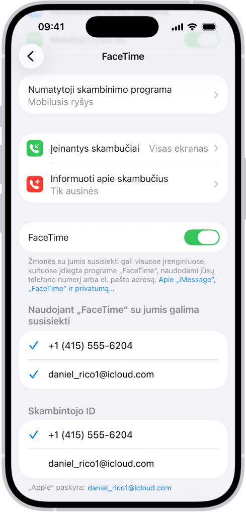 „FaceTime“ ekrane „Nustatymai“ rodoma parinktis „Numatytoji skambinimo programa“, „FaceTime“ įjungimo arba išjungimo valdiklis ir telefono numeris bei el. pašto adresas, kuriais galite būti pasiekiami.