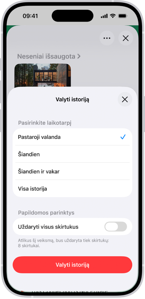 Meniu „Valyti istoriją“. Po „Pasirinkite laikotarpį“ pasirinkta „Pastaroji valanda“. Visi profiliai pasirenkama po „Valyti profilį“. Ekrano apačioje rodomas mygtukas „Valyti istoriją“.