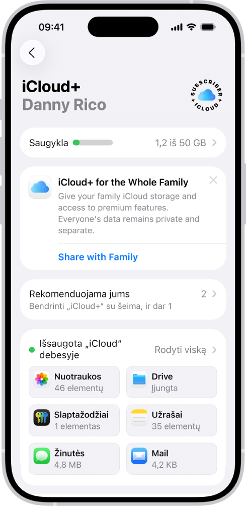 „iCloud“ nustatymų ekrane rodomas „iCloud“ saugykla“ matuoklis, funkcijų, kurias galima naudoti su „iCloud“, sąrašas, įskaitant „Nuotraukos“, „iCloud Drive“ ir „iCloud“ atsarginė kopija“.