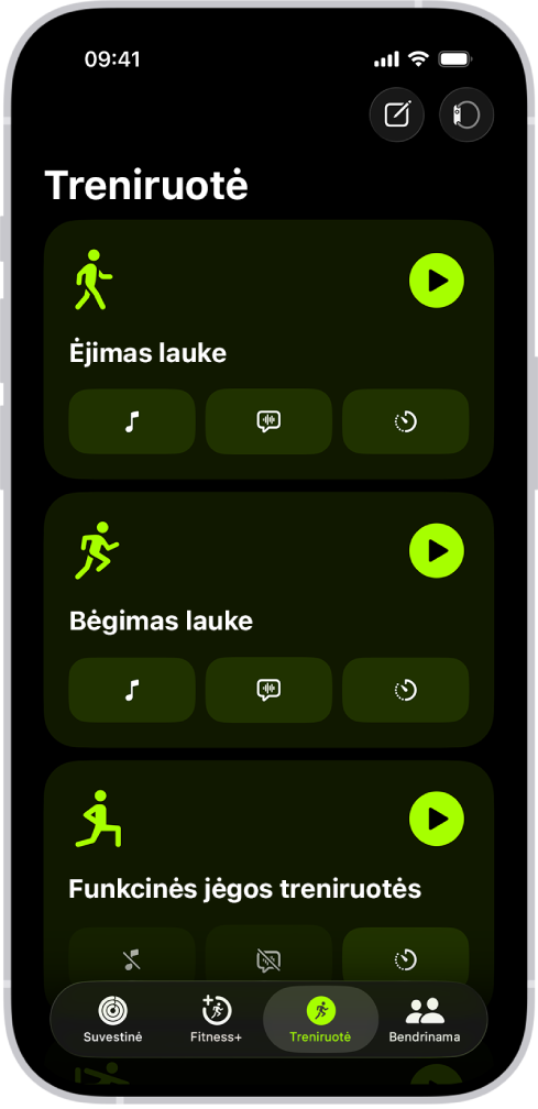 „Fitness“ treniruočių ekrane rodomos trys treniruotės.