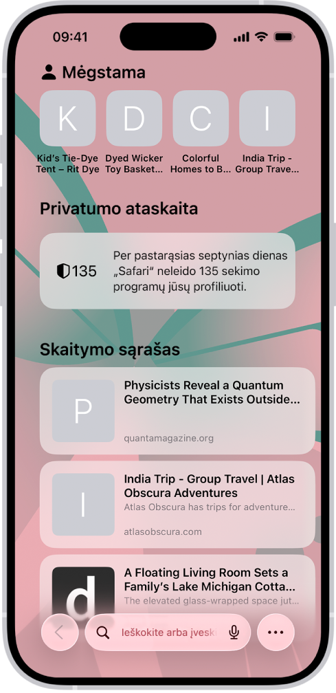 „Safari“ pradžios puslapis, kuriame rodomos mėgstamos svetainės, „Privatumo ataskaita“ ir jūsų skaitymo sąraše išsaugotos svetainės.