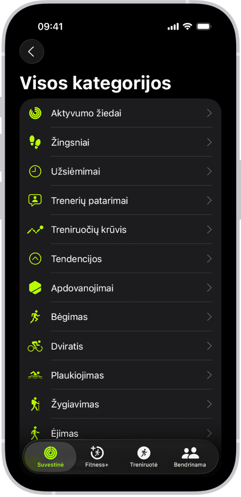 Ekrane „Fitness“ rodomas kūno rengybos kategorijų sąrašas.